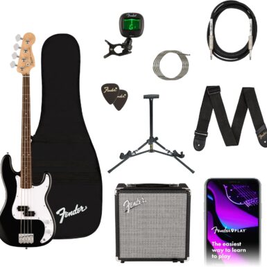 Fender Squier Debut Series Precision Bass Guitar Pack, Beginner Guitar Pack, 2-Year Warranty, Includes Rumble 15 Amplifier, Padded Gig Bag, Instrument Cable, and More, Black with Satin Urethane Finish